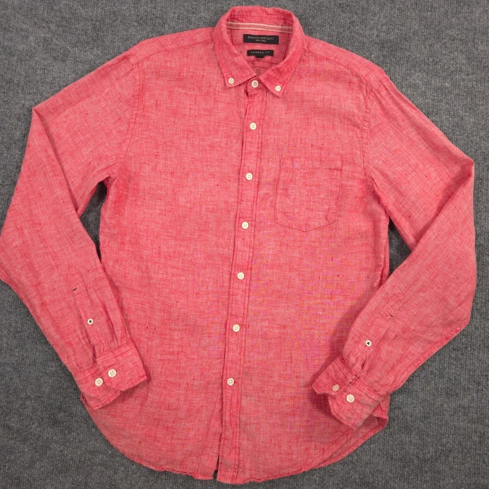 Banana Republic Linen Shirt Mens S Red White Woven Camden Fit Long Sleeve Preppy